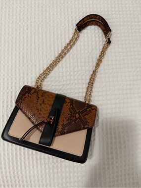 Aldo Brown Snake-Print & Cream Shoulder Bag with Gold Chain